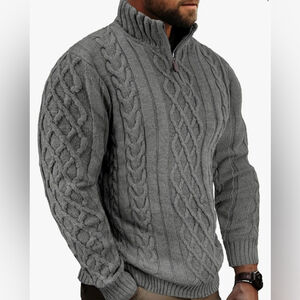 NEW Mens Quarter Zip Long Sleeve Cable Knit Mock Neck Soft Pullover Sweater L